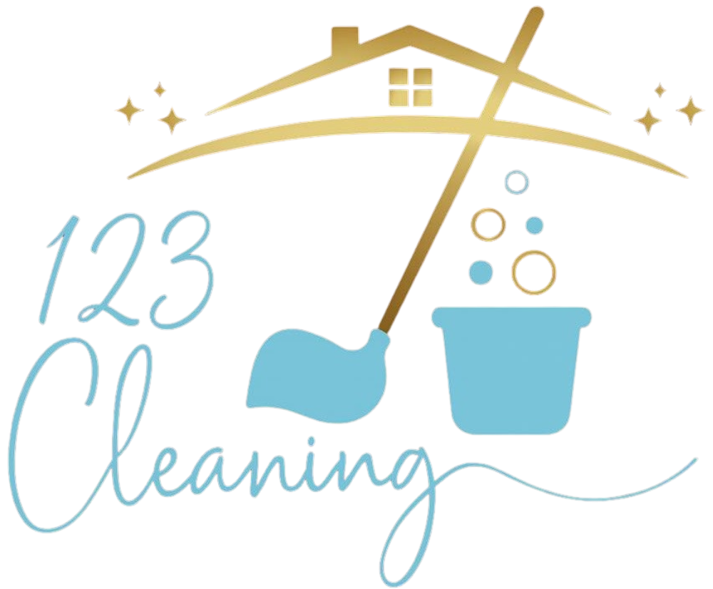 Logo for 123 Cleaning: Gold roof above a blue mop, bucket, bubbles, and text.