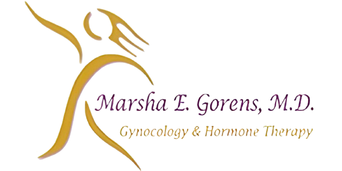 Logo for Marsha E. Gorens, M.D. with a golden stylized figure and text "Gynecology & Hormone Therapy".