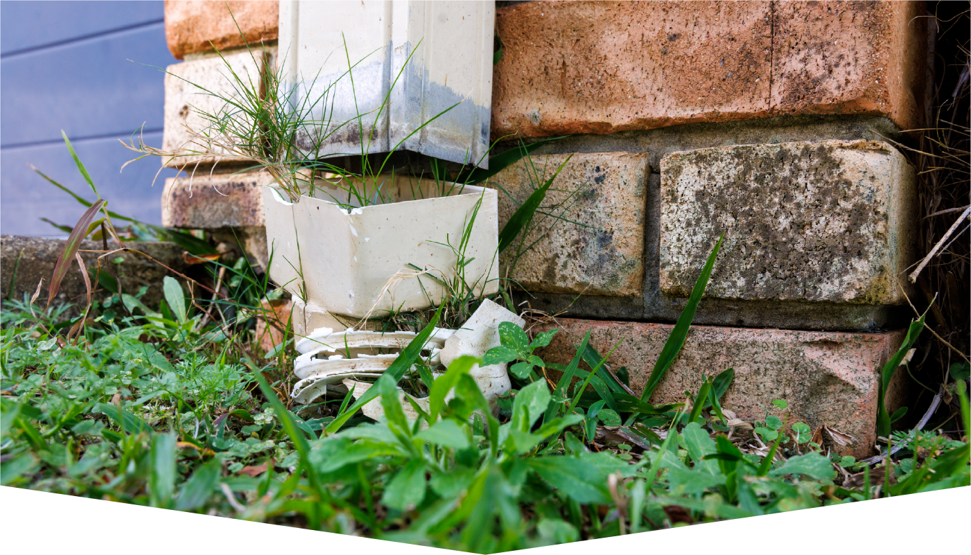 A gutter on the side of a brick building with grass growing out of it.