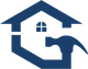 A blue house with a hammer inside of it.