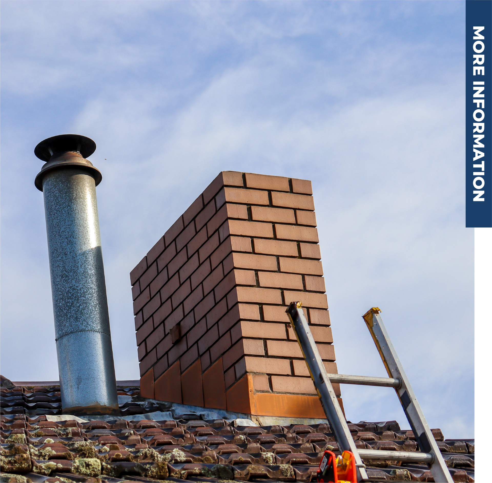 A brick chimney on top of a roof next to a ladder