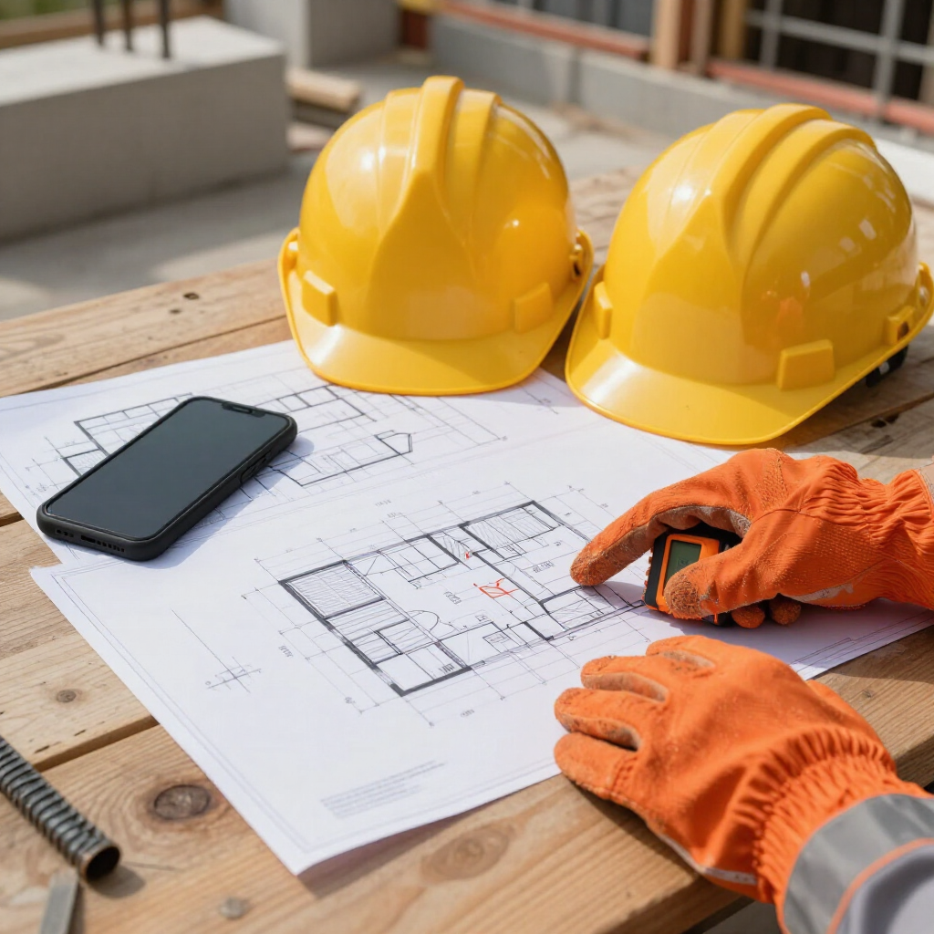 Planos de construcción sobre una mesa con dos cascos amarillos, un teléfono y manos enguantadas marcando medidas.