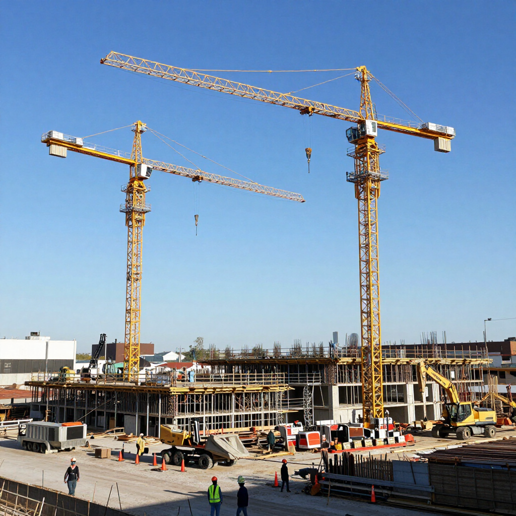 Obra en construcción con dos altas grúas amarillas sobre un edificio en construcción en un día despejado y azul.