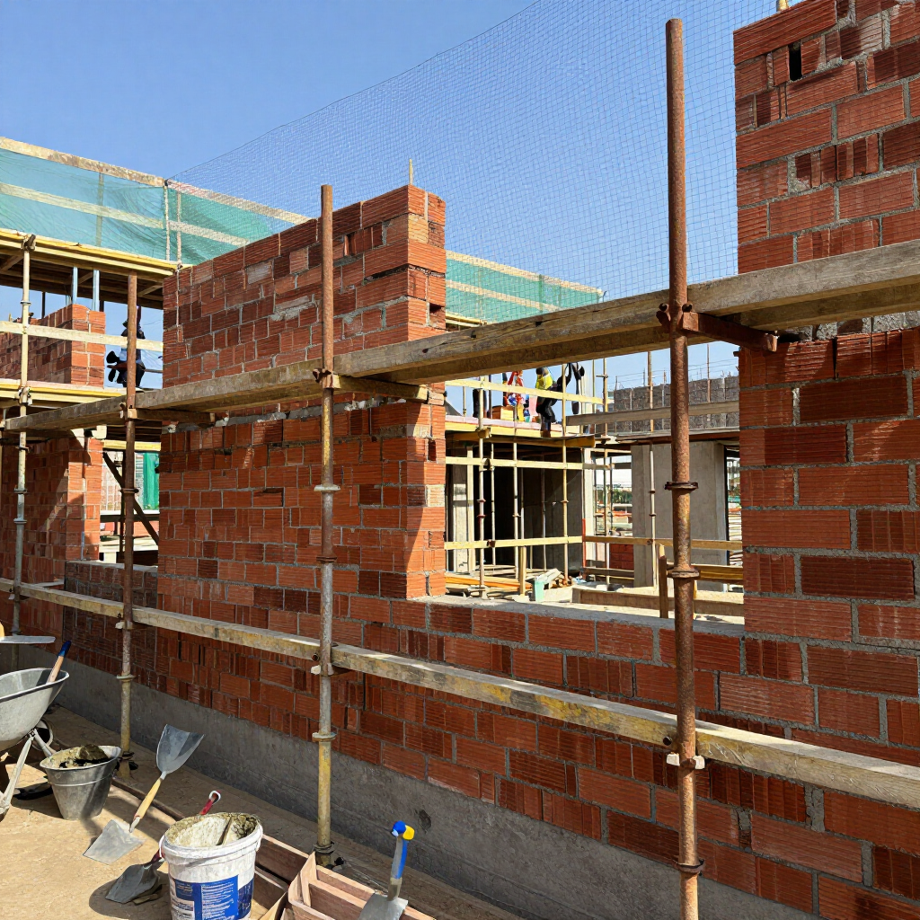 Muros de ladrillo en construcción con andamios y materiales de construcción en una obra soleada.