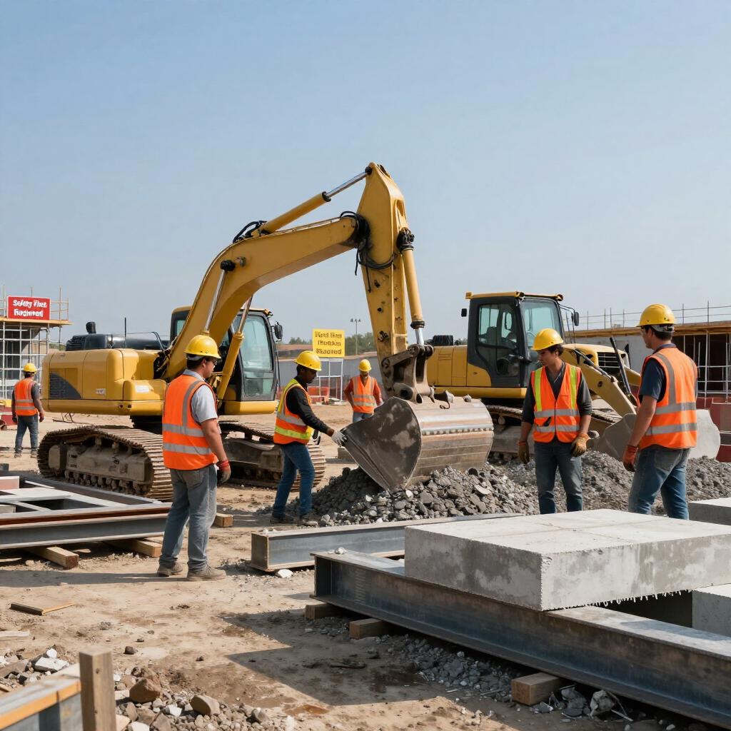 Obreros de la construcción con chalecos naranjas guiando una excavadora en una obra vial.