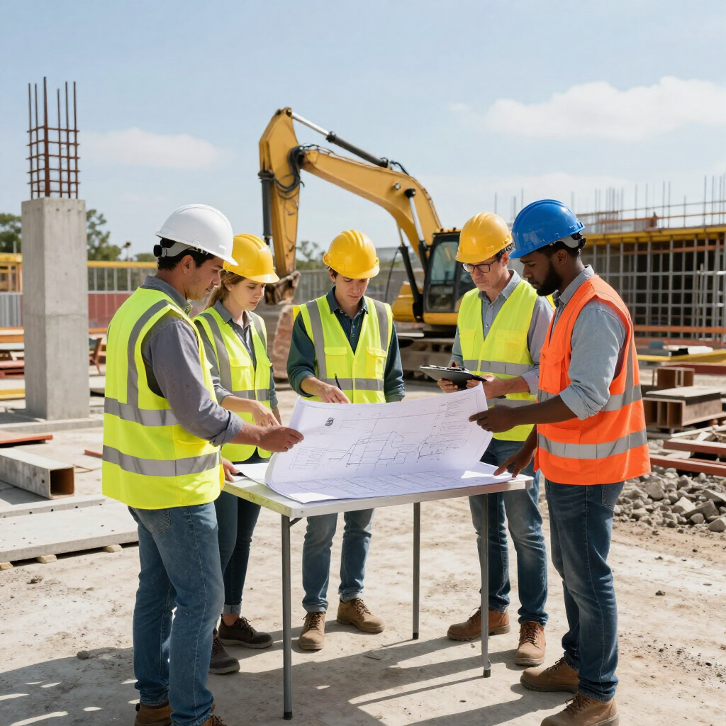 Un equipo de construcción con cascos revisa los planos en una obra.