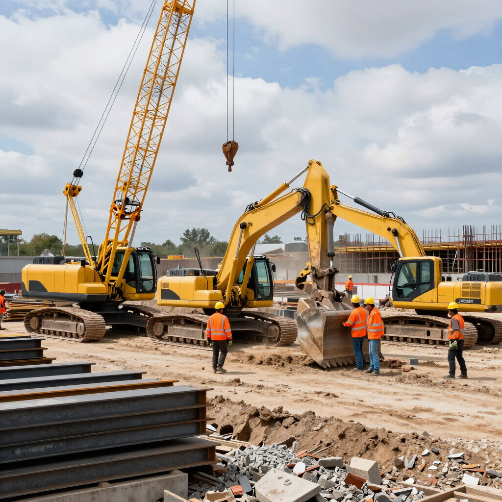 Obra en construcción con excavadoras, grúa y trabajadores con chalecos naranjas moviendo materiales sobre terreno arenoso.