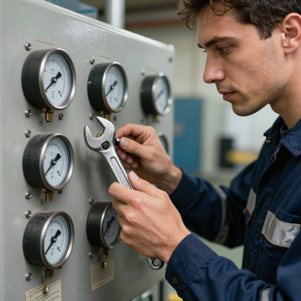 Técnico ajustando indicadores en un panel de control industrial con una llave inglesa.