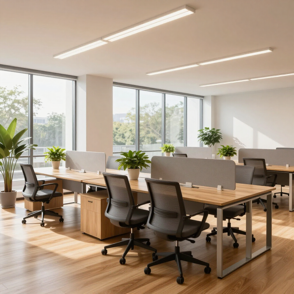 Oficina diáfana, luminosa y moderna, con escritorios de madera, sillas con ruedas, plantas en macetas y grandes ventanales.