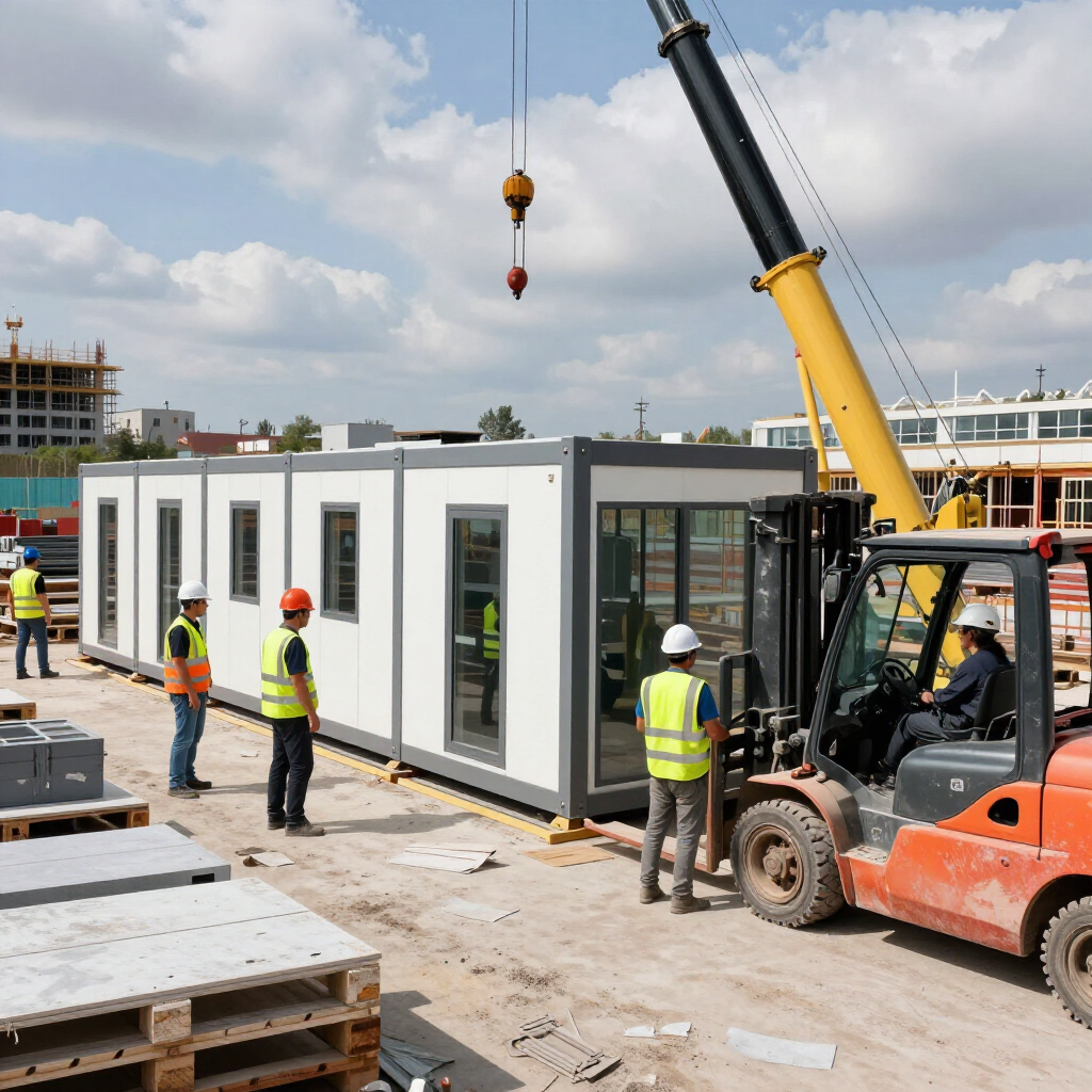 Obreros de la construcción y una carretilla elevadora mueven un edificio modular en una obra bajo una grúa.