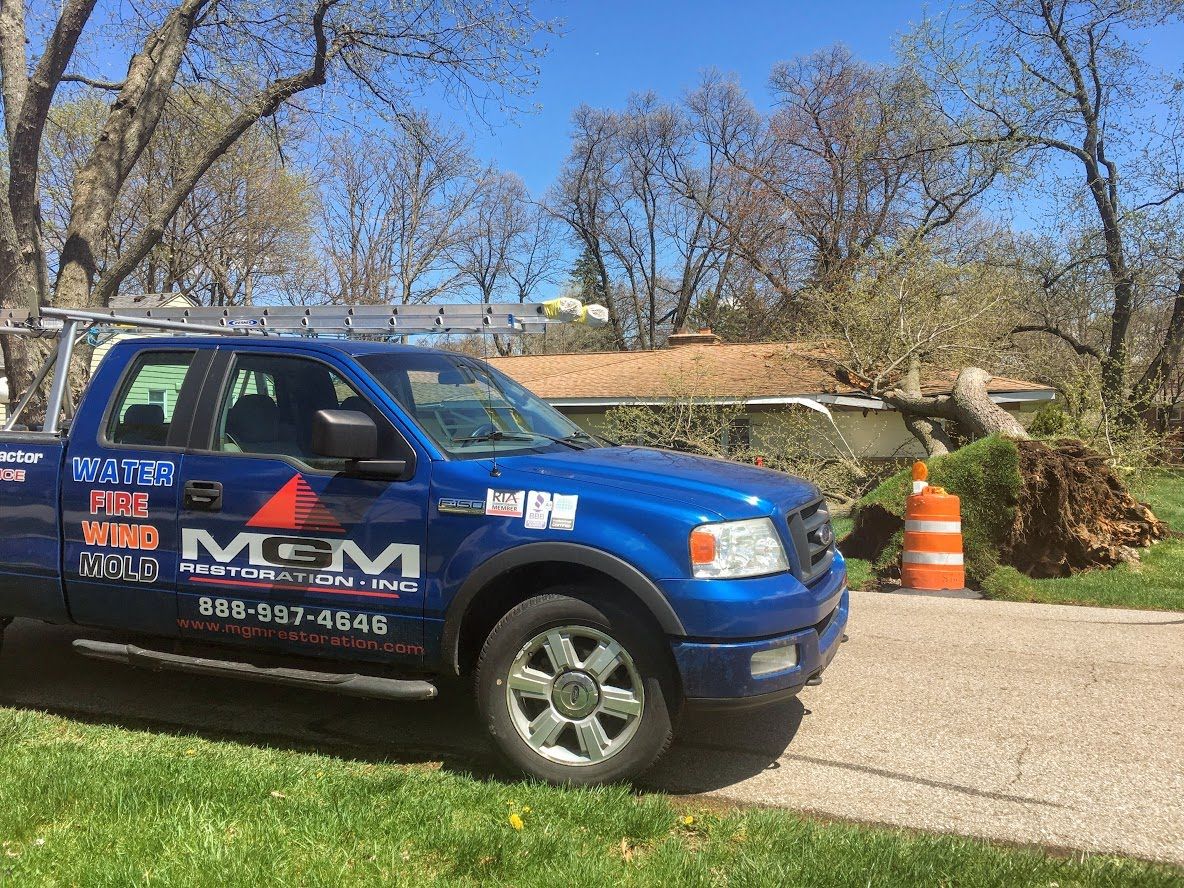 A blue truck is parked on the side of the road next to a tree.