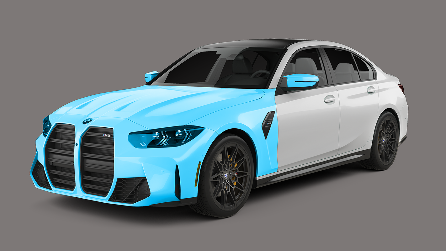 A white and light blue BMW M3 sedan with black wheels and a black roof.
