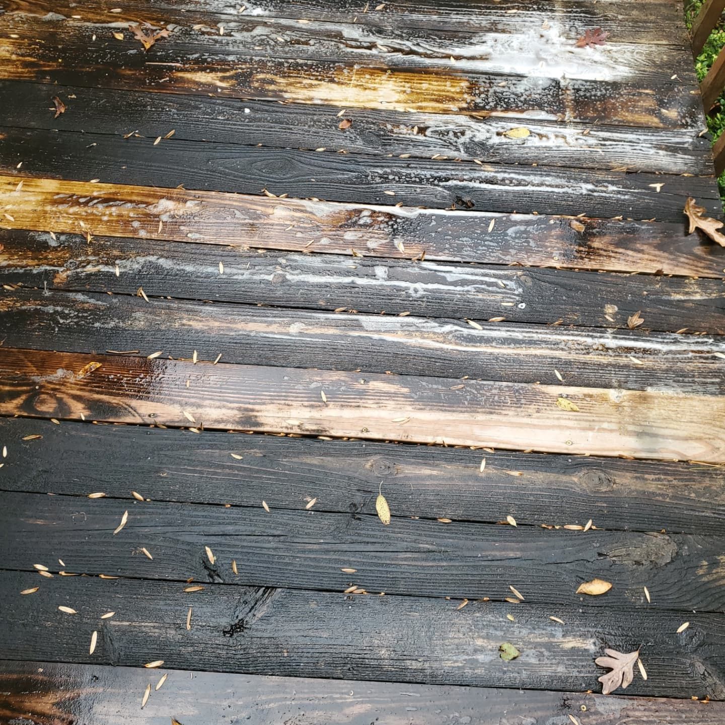 Wooden deck with peeling black paint and weathered wood, some debris.