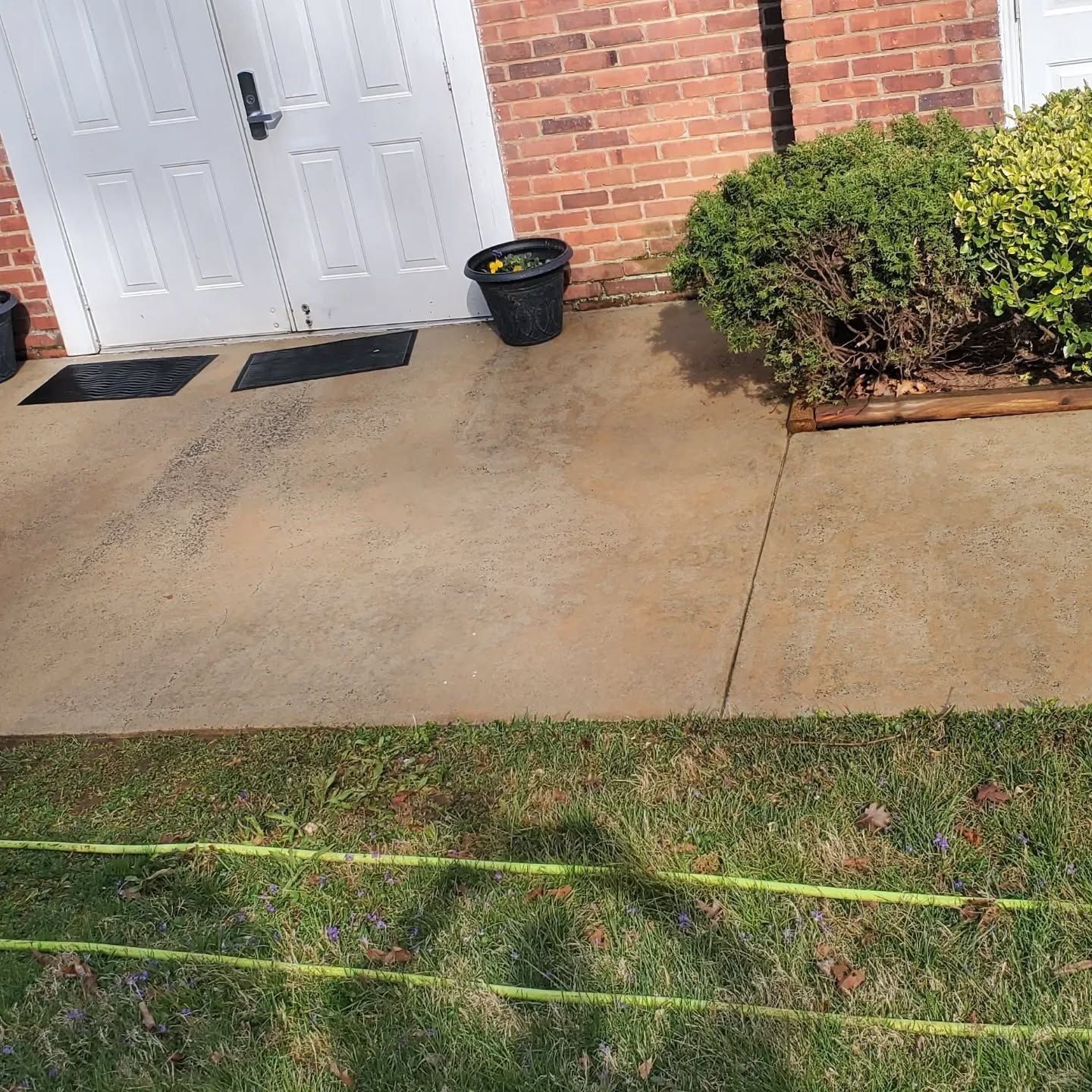 Concrete walkway leading to a white door, next to grass and a brick wall. Black planters and green shrubbery visible.