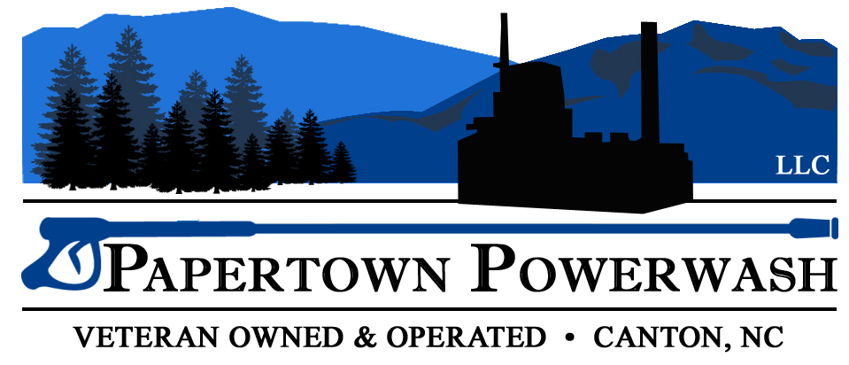 Logo for Papertown Powerwash, a veteran-owned business in Canton, NC, with a power washer graphic and factory