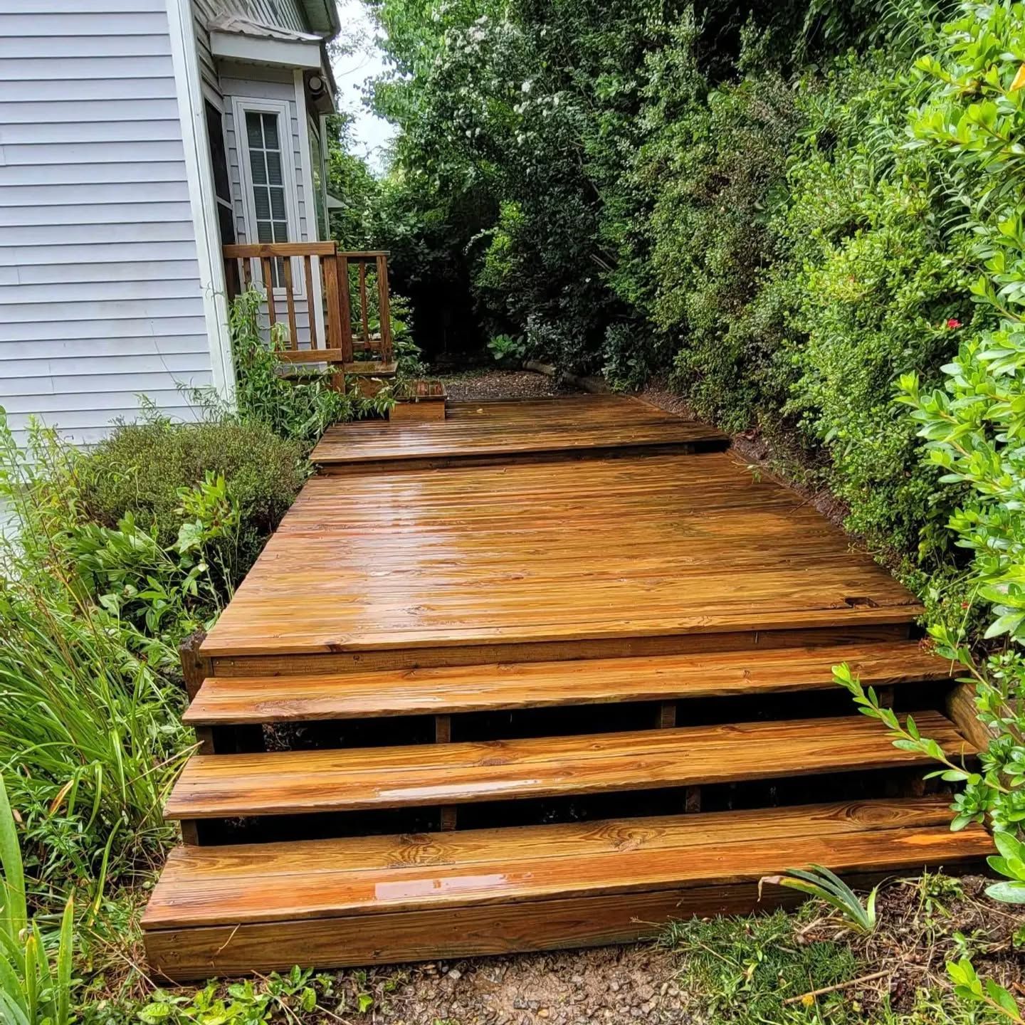Wooden deck and steps leading to a house entrance, surrounded by greenery.