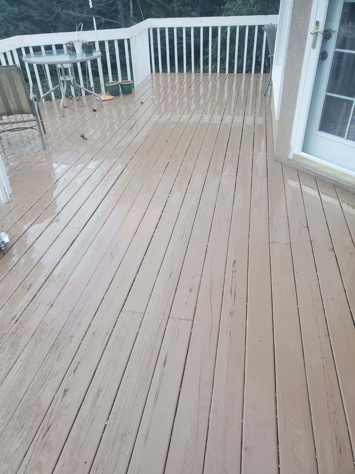 Wet wooden deck with light brown planks. White railings and a glass door are visible.