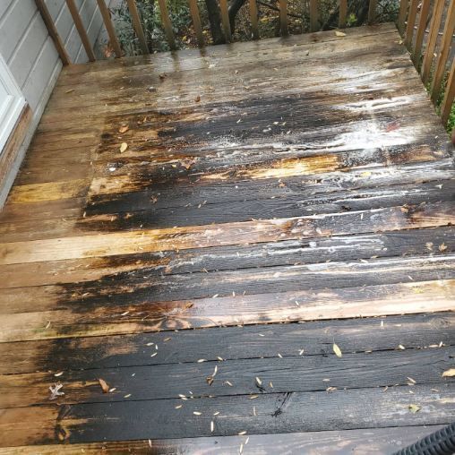 Wood deck with significant water damage; black mold and rotting wood.