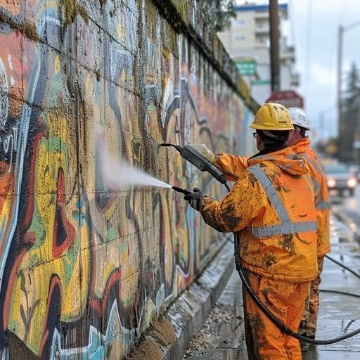 Two workers in orange suits and hard hats power wash graffiti off a concrete wall outdoors.