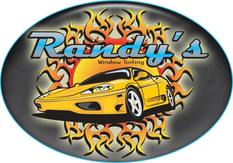 Logo for Randy's Window Tinting featuring a yellow sports car, flames, and text on an oval background.