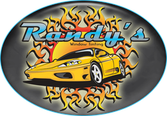 Logo for Randy's Window Tinting featuring a yellow sports car, flames, and text on an oval background.