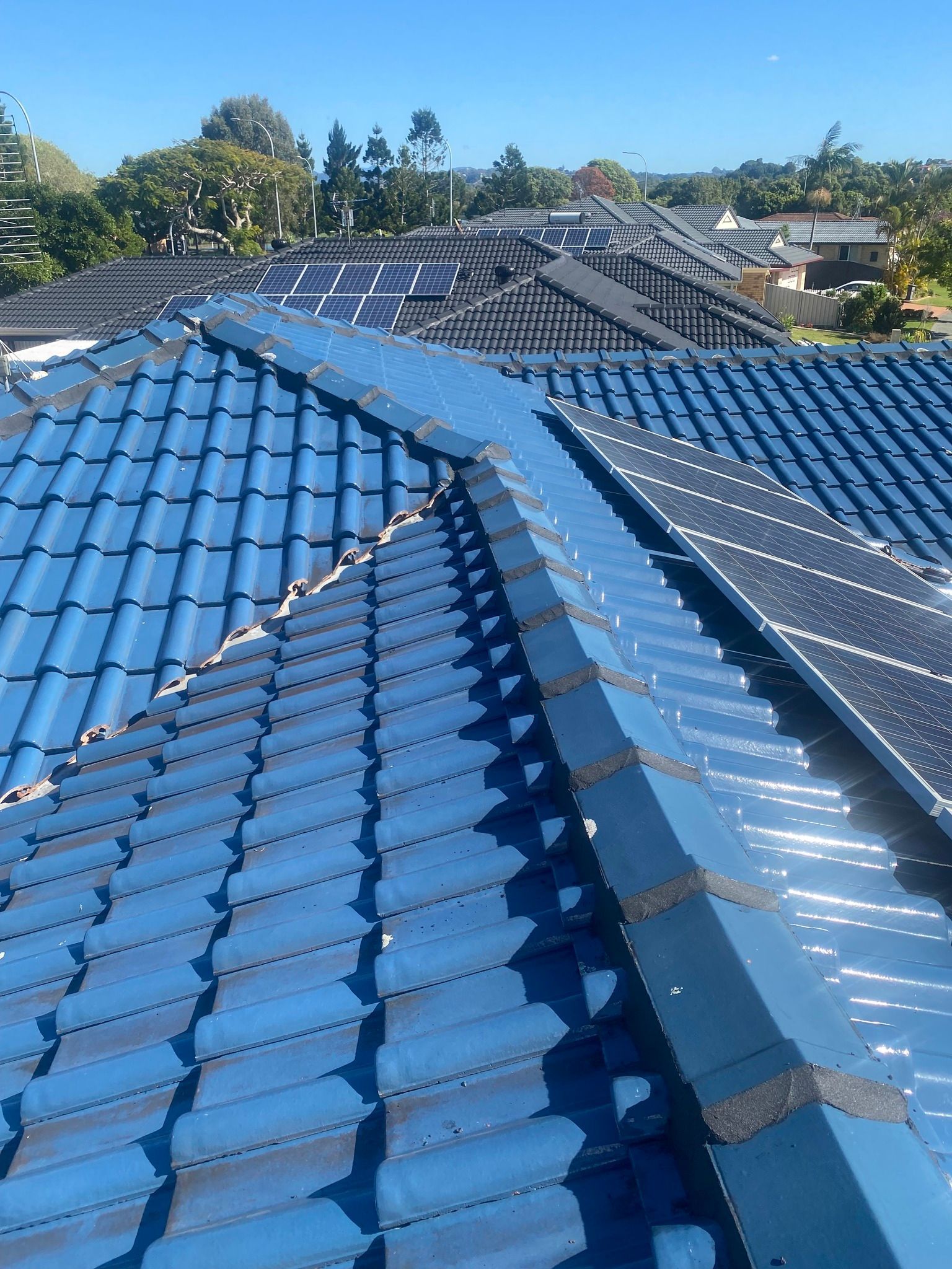 Blue Tiled Roof With Solar Panels — Killiby & Co Roofing Pty Ltd in Ocean Shores, NSW