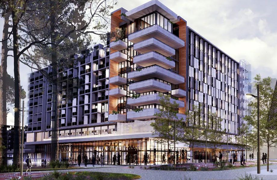 An artist 's impression of a large building with cars parked in front of it.