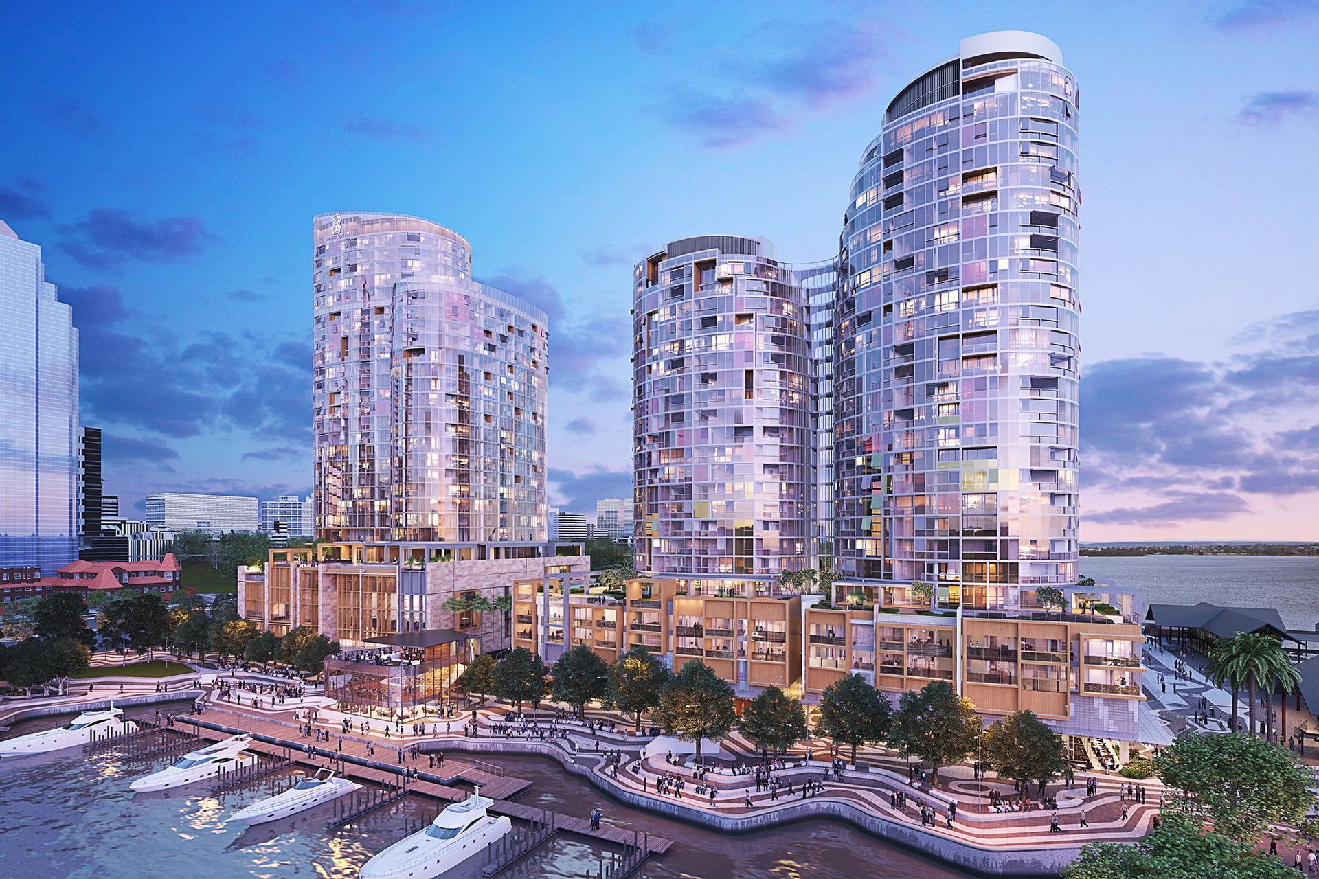 An artist 's impression of a large building next to a body of water.