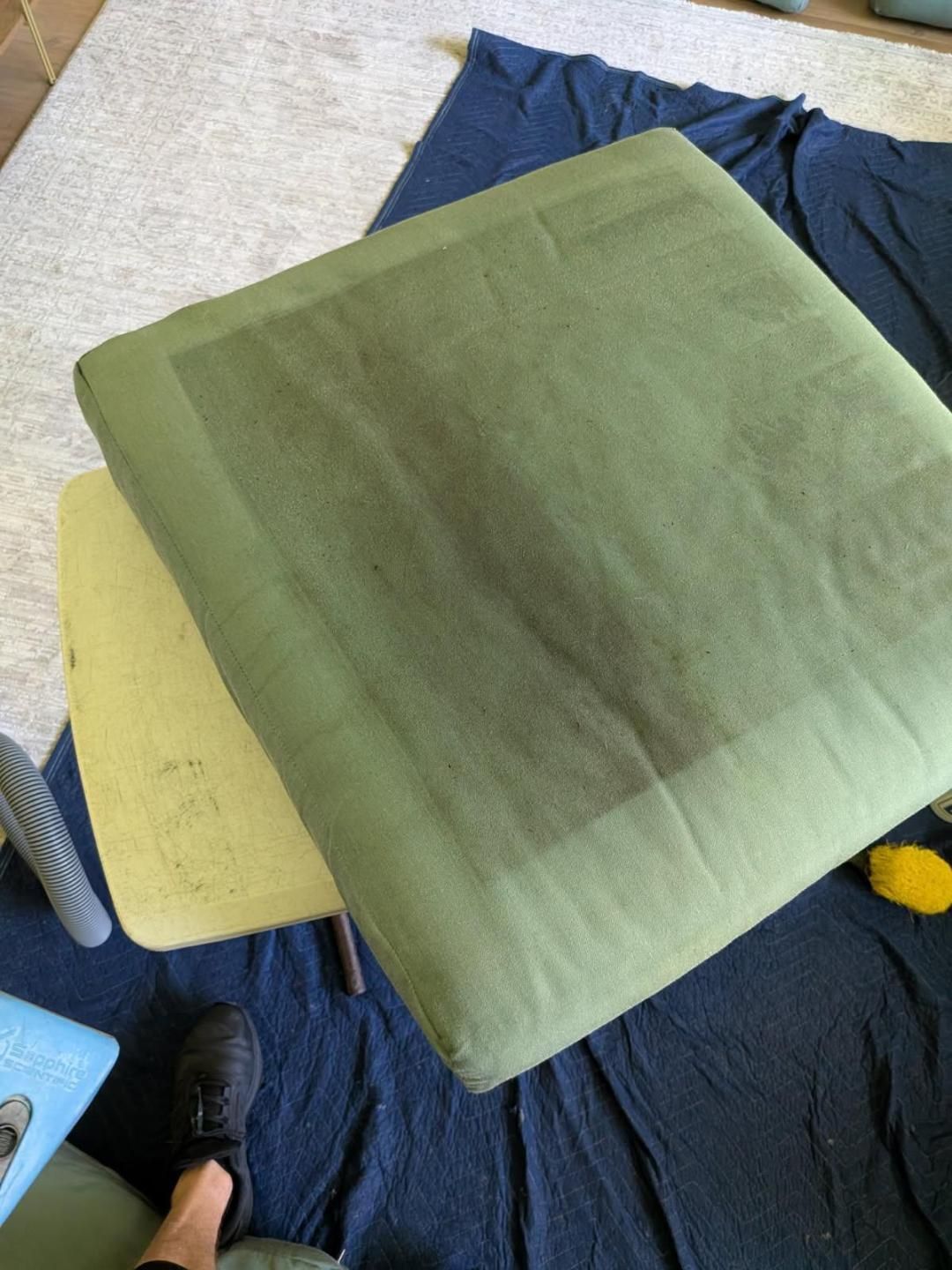 Olive green cushion on blue fabric, with a yellow cushion, shoe, and rug visible.