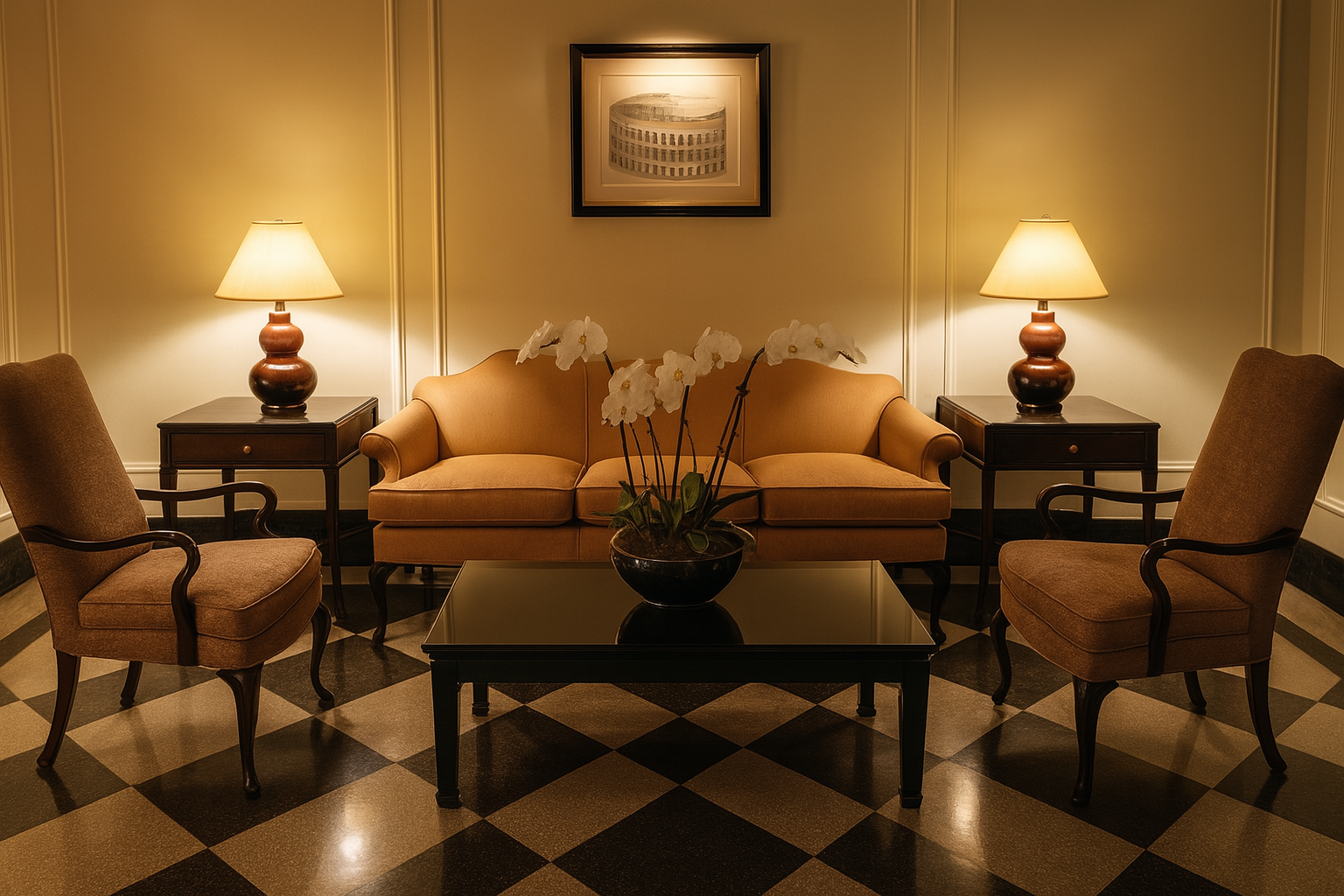 Living room with sofa, chairs, lamps, and a coffee table. Checkered floor and framed art.