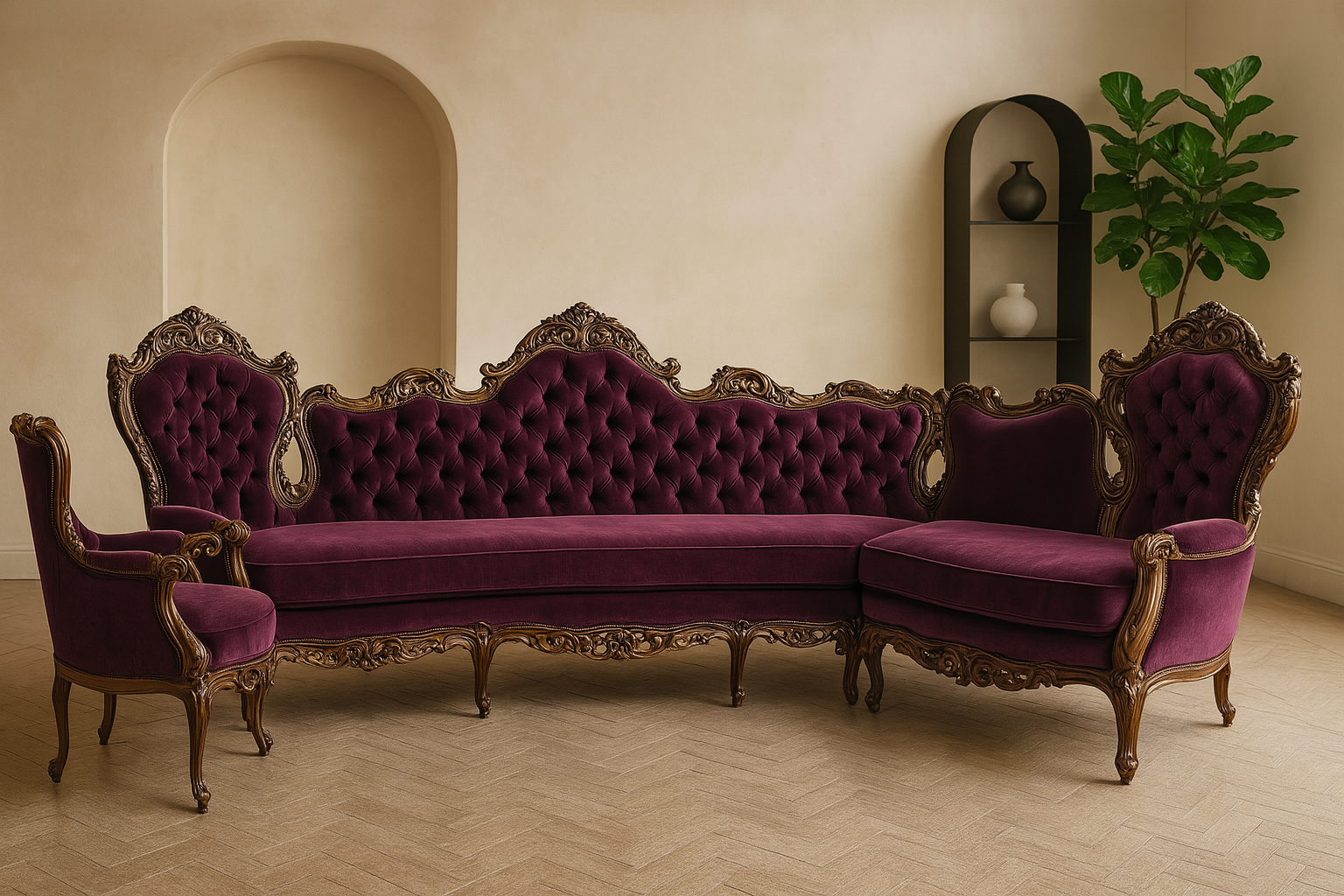 Purple velvet antique sofa and chairs with ornate gold trim in a neutral-toned room.