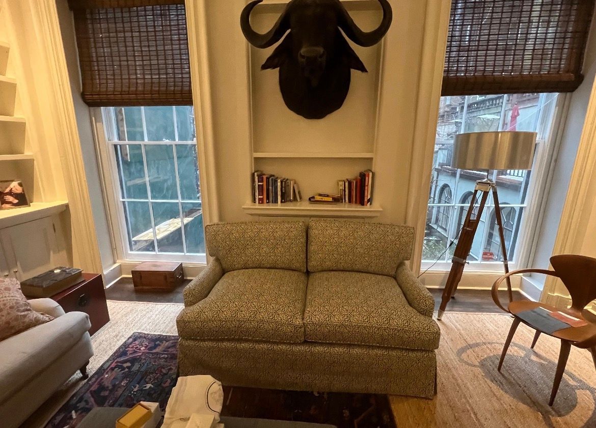 Living room with two windows, a sofa, and an animal head mount over a bookshelf.