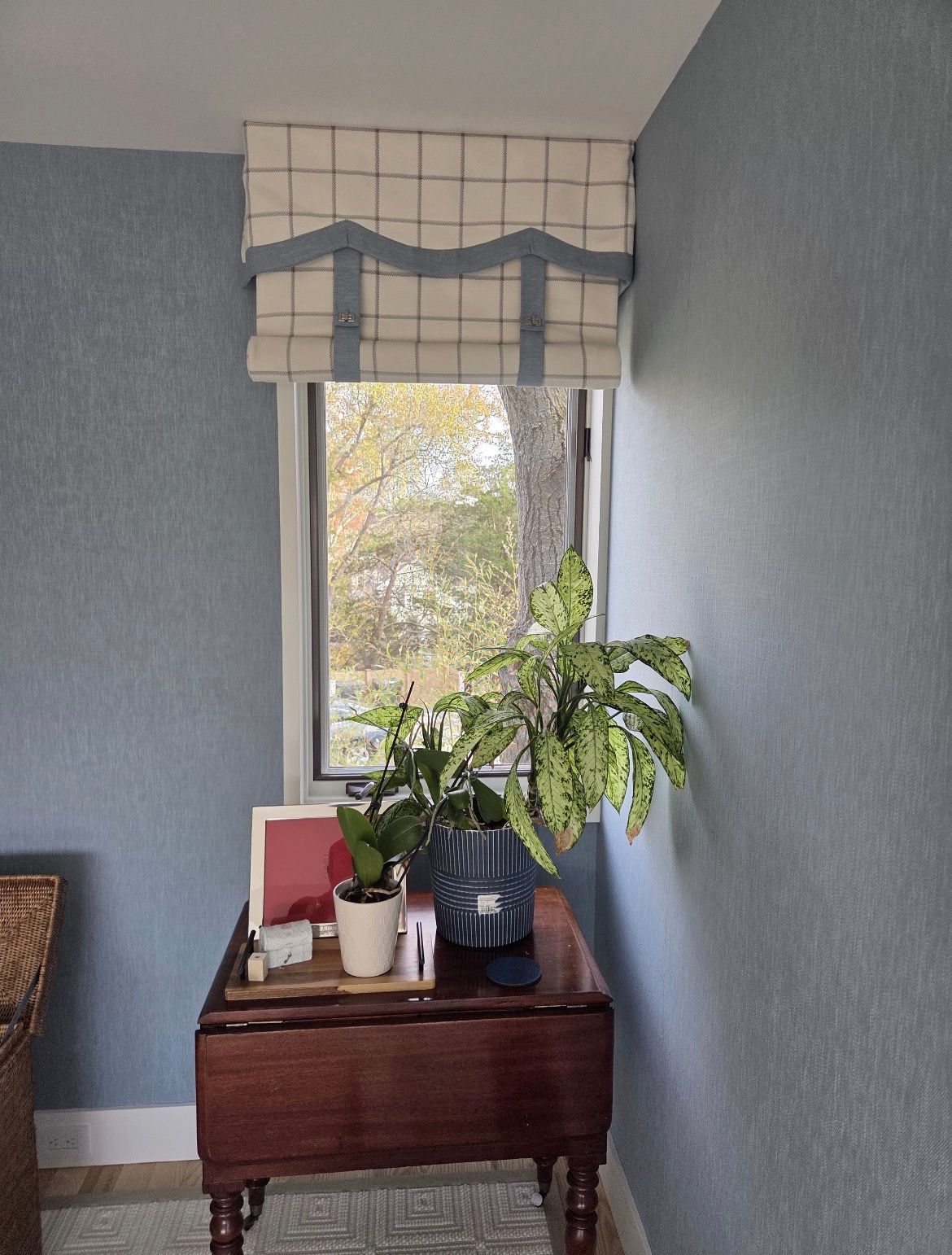 Small table with plants in front of a window with a blue and white patterned shade, set against blue textured walls.