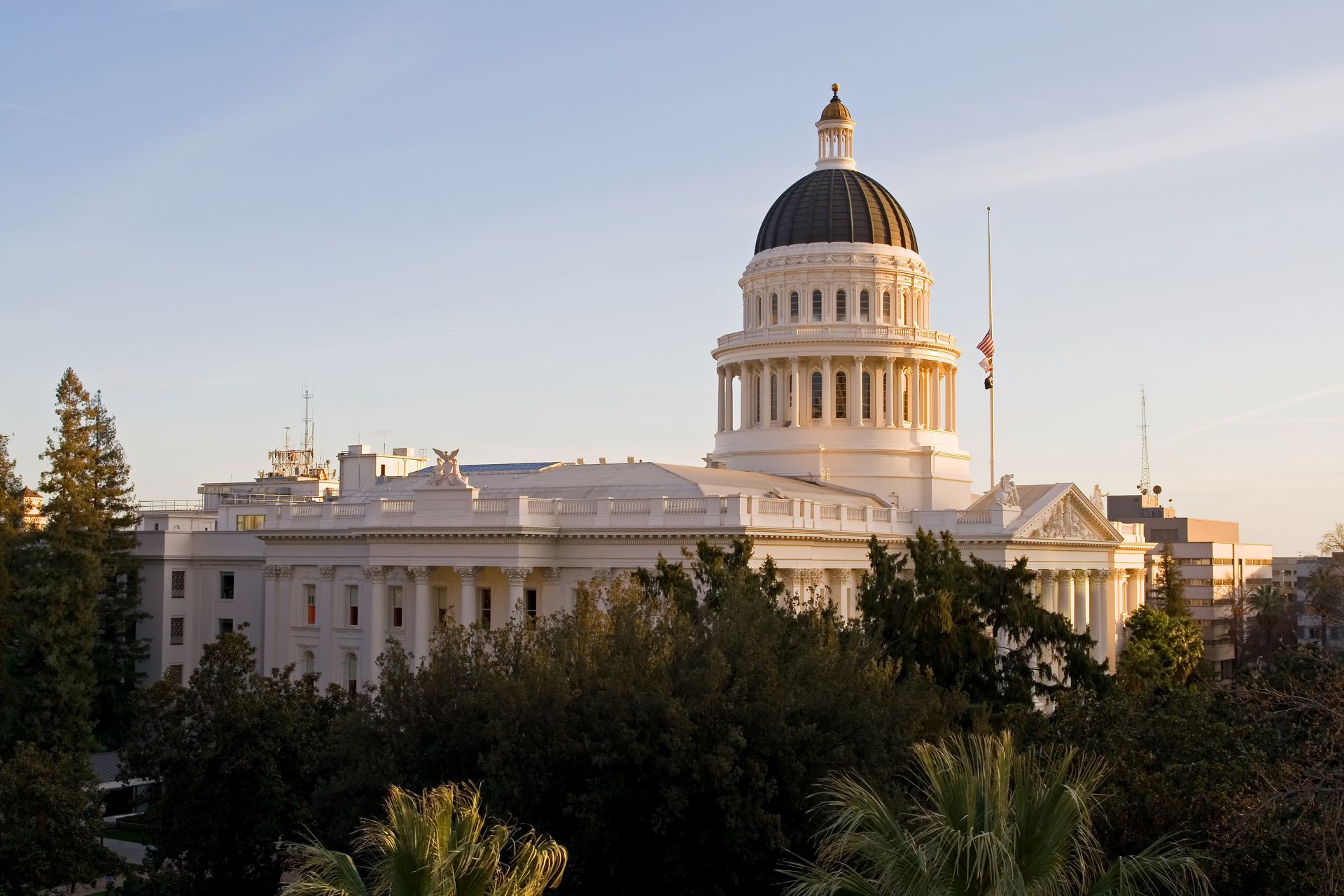 The capitol building in california is surrounded by trees and palm trees