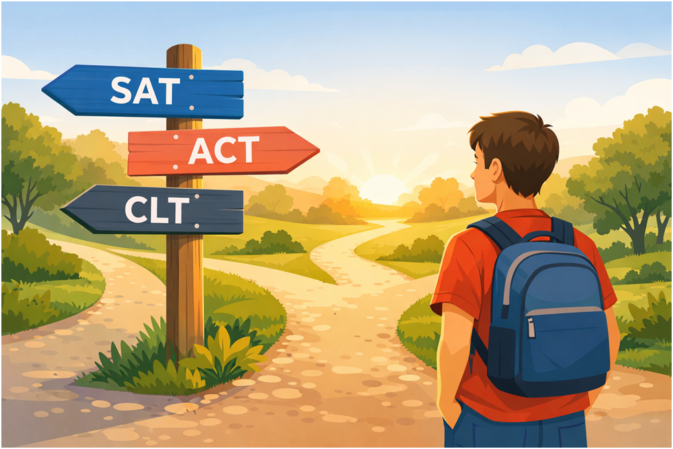 Student at the crossroad of the SAT, ACT, and CLT testing paths. 