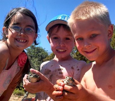 Three children are holding frogs in their hands and smiling for the camera