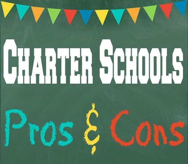 A blackboard with charter schools pros and cons written on it