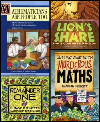 A collage of books including lion 's share remainder one and getting away with murderous maths