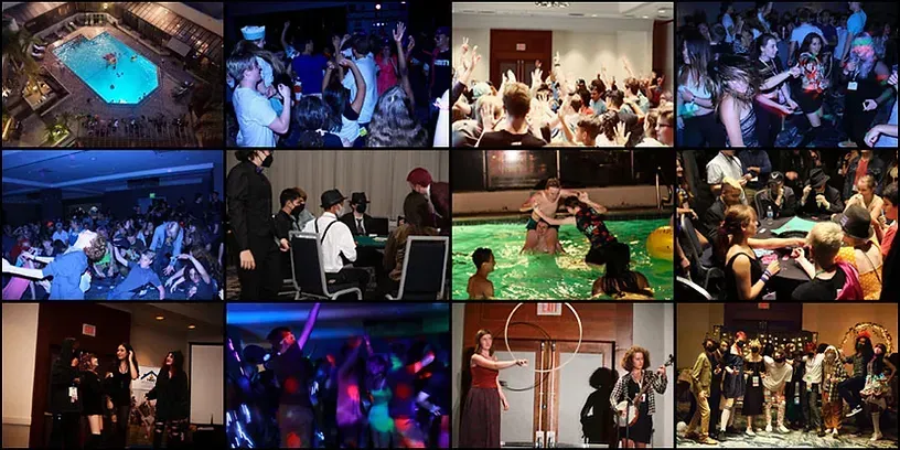 A collage of pictures of people dancing at a party