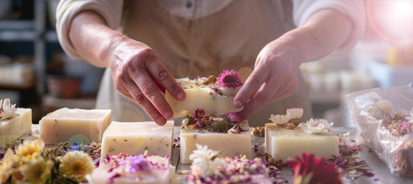 A person arranging floral decorations on handmade soap bars.