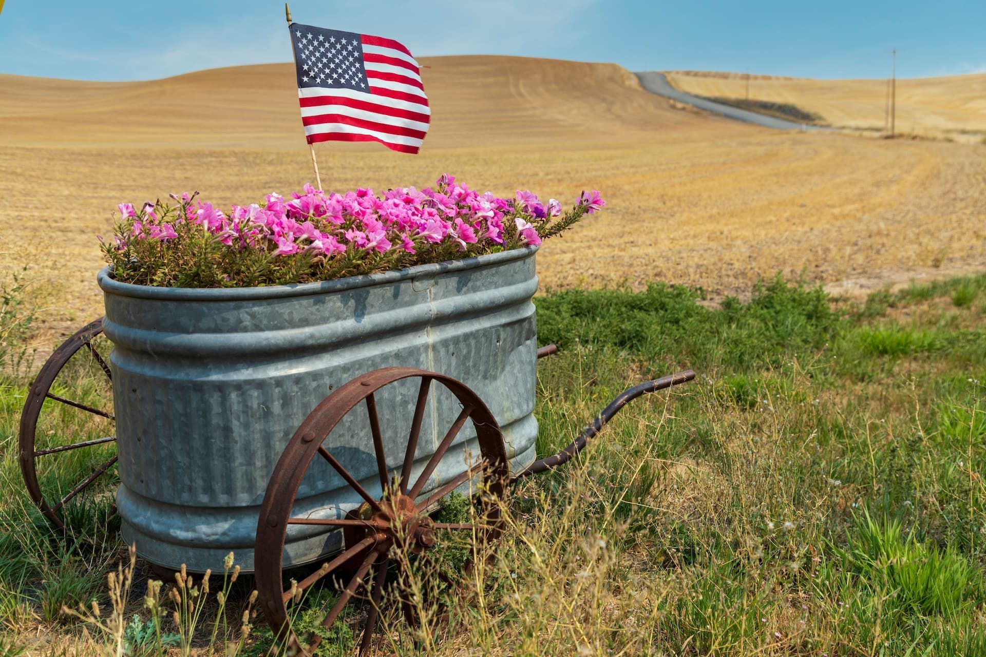 Metal planter filled with pink flowers and an American flag in a rural setting with rolling hills.