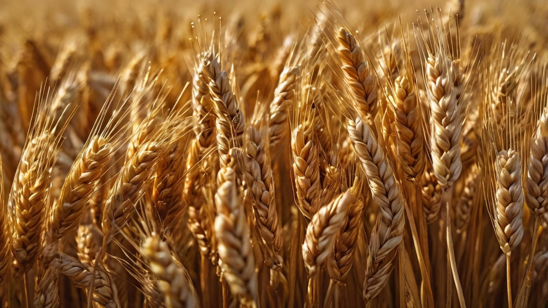 Golden wheat stalks close up, ready for harvest.