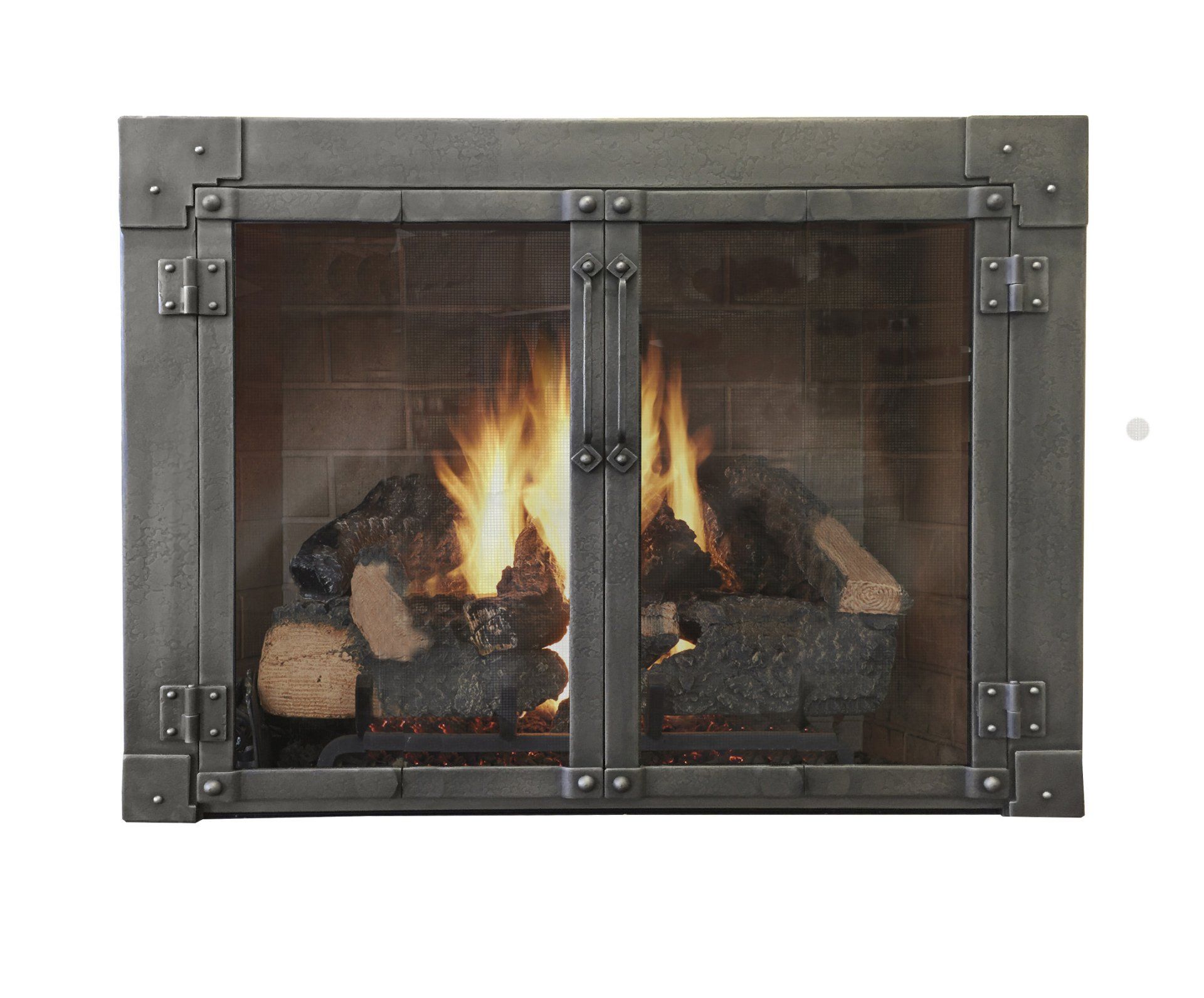 Fireplace with burning logs, metal screen doors, and a riveted frame.