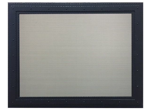 Black rectangular screen, gridded gray interior, dark frame with rivets.