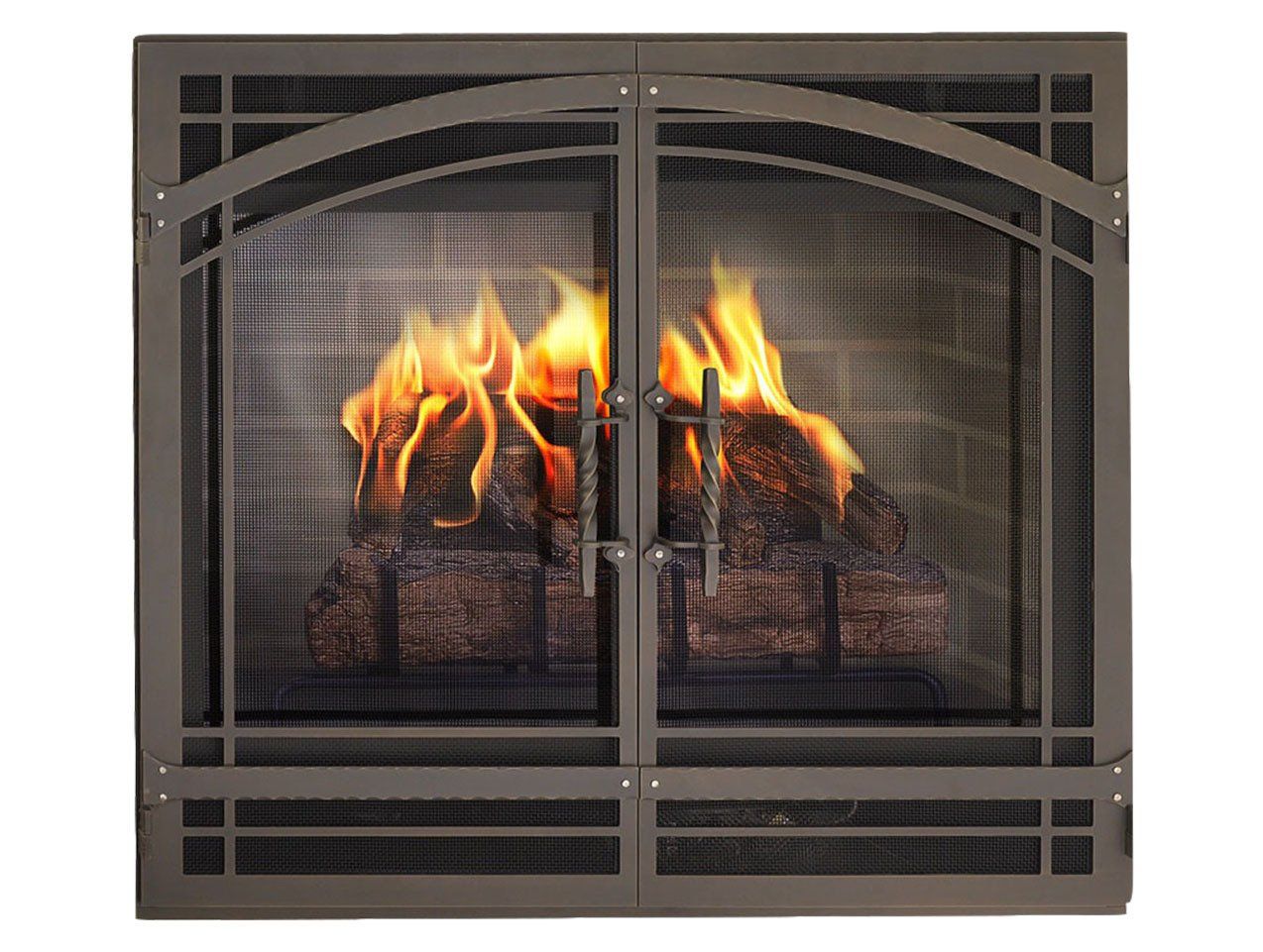 Fireplace with burning logs behind a black metal screen, featuring arched top.