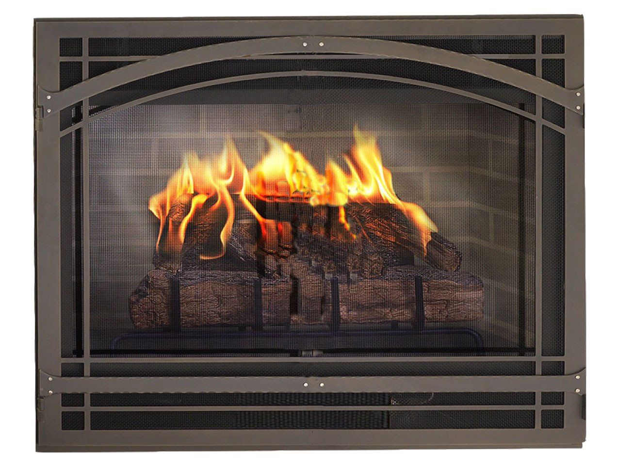 Fireplace with burning logs, behind a dark metal screen.
