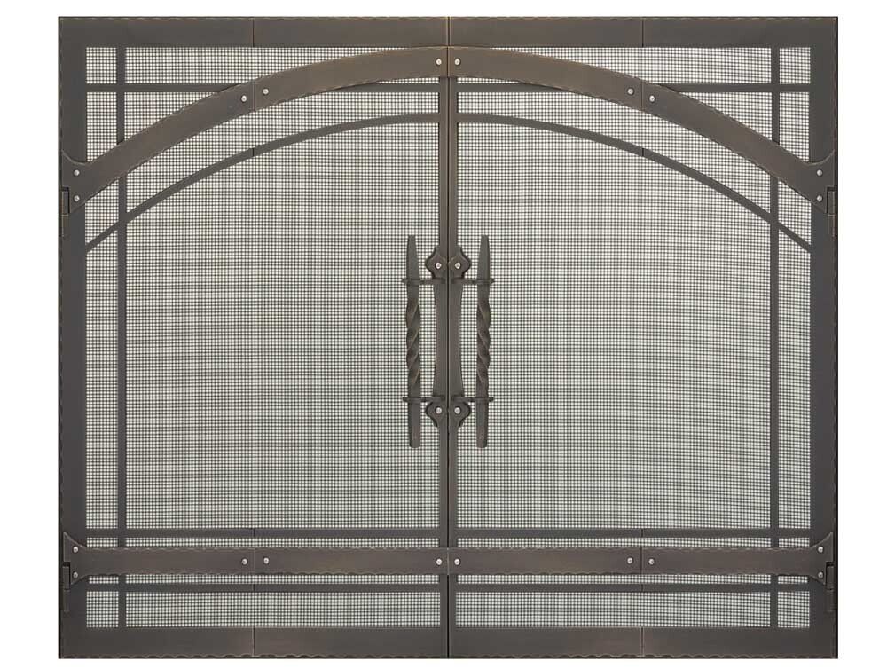 Bronze fireplace screen with arched top and double doors.