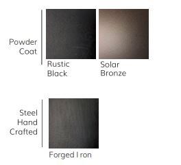 Powder coat color swatches: Rustic Black and Solar Bronze. Steel Hand Crafted: Forged Iron.