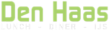 Logo voor Den Haas, met lichtgroene tekst en daaronder in witte letters "LUNCH - DINER - IJS".