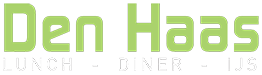 Logo voor Den Haas, met lichtgroene tekst en daaronder in witte letters "LUNCH - DINER - IJS".